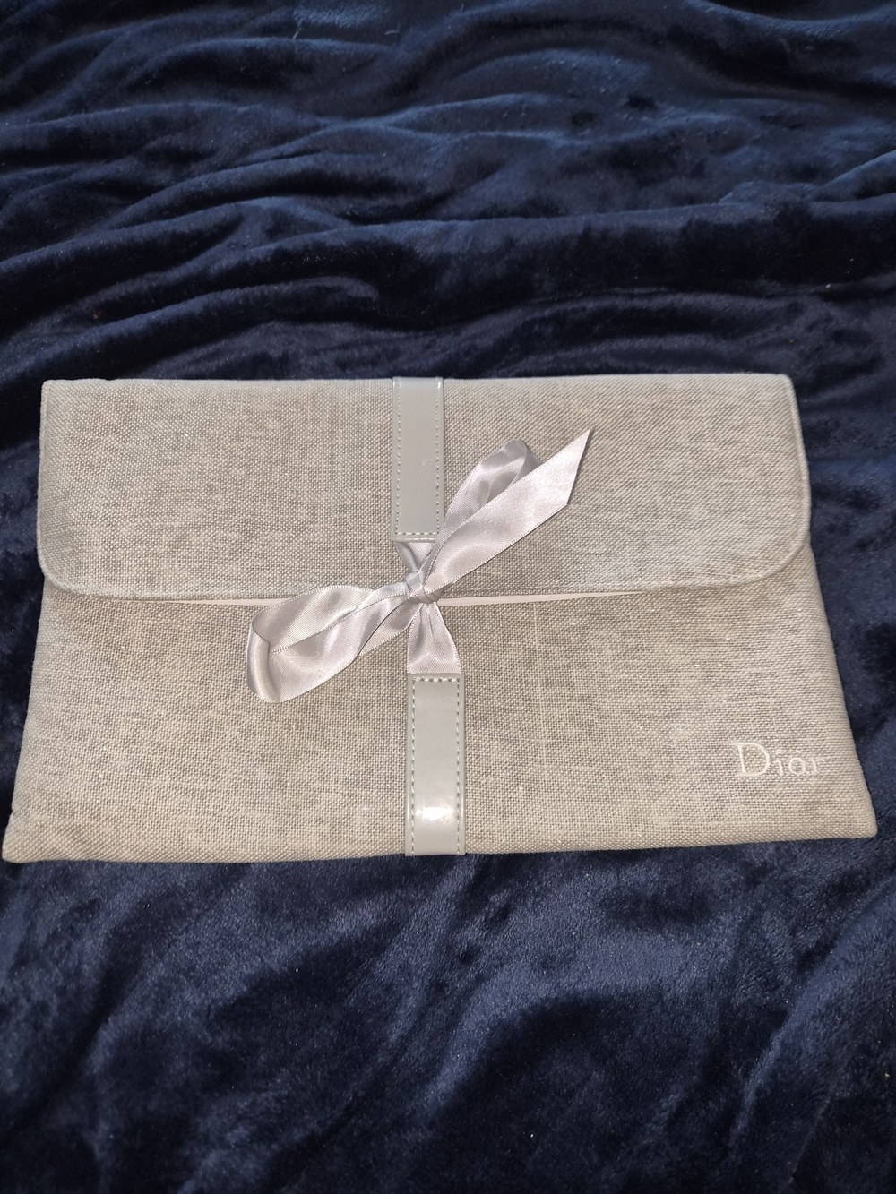 Christian Dior Light Gray Fabric Envelope Beauty Pouch with Satin Bow